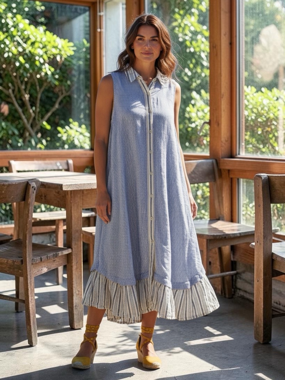 Cynthia Rowley Blue Striped Button Up Dress Ruffle Flounce Hem Lagenlook Sz S - Picture 1 of 10